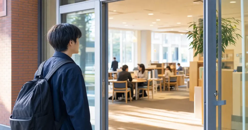 大学キャリアセンターへ訪れた学生と施設内の様子