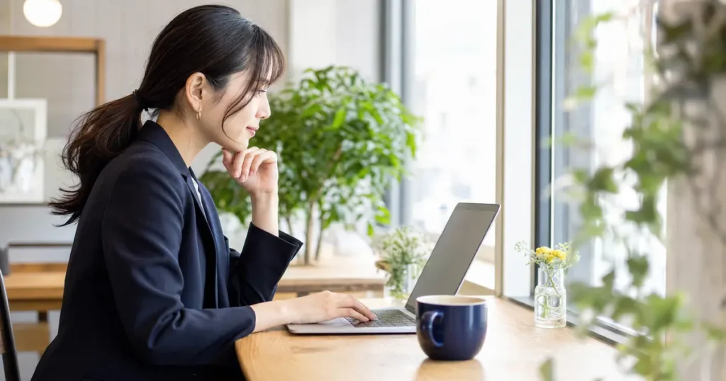 ノートパソコンを見ながら転職活動について調べる女性