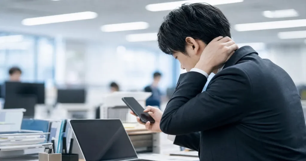 スマートフォンを見ながら転職活動に悩むスーツ姿の男性