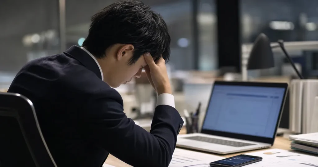 転職活動の悩みで頭を抱える男性会社員