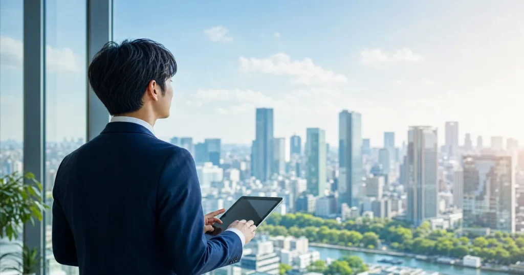 将来のキャリアを見据えて街並みを眺めるビジネスパーソン