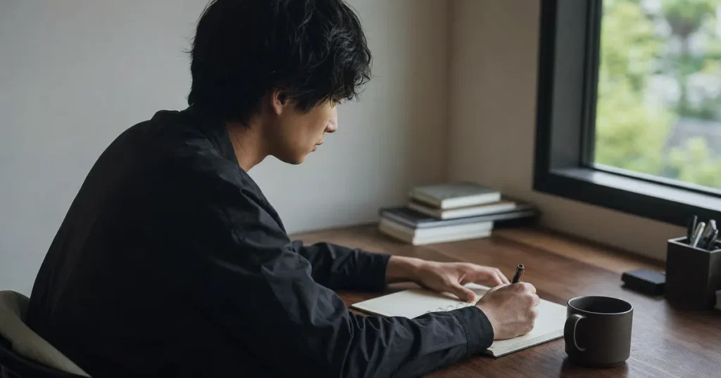 机に向かってノートに書き込みをしながら学習や作業を進める男性