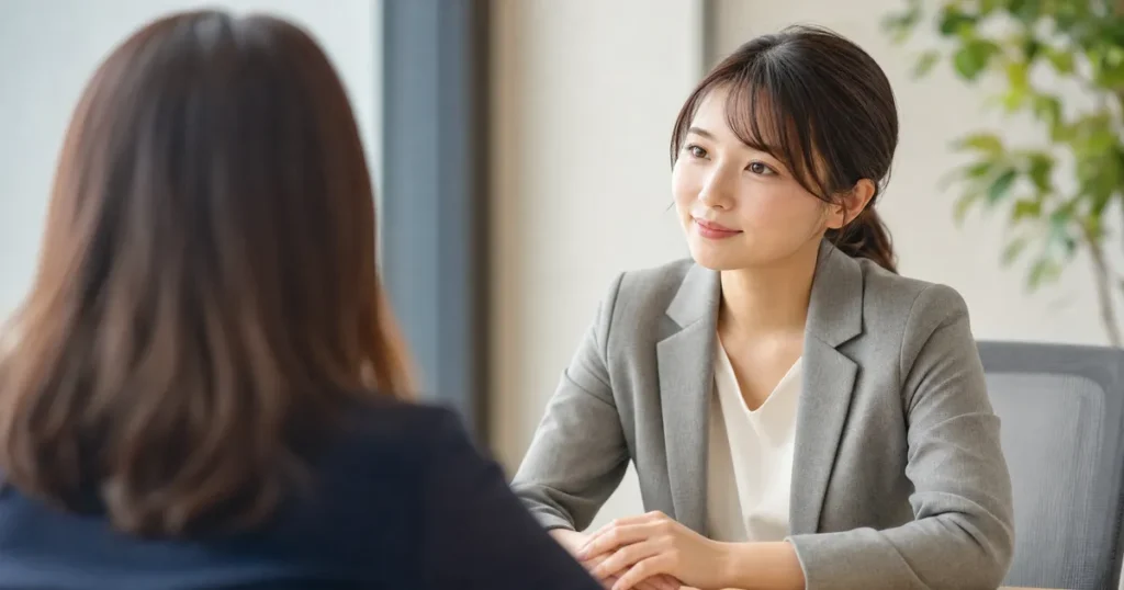 相談者の話を聞きながらキャリアアドバイスを行う女性コンサルタント