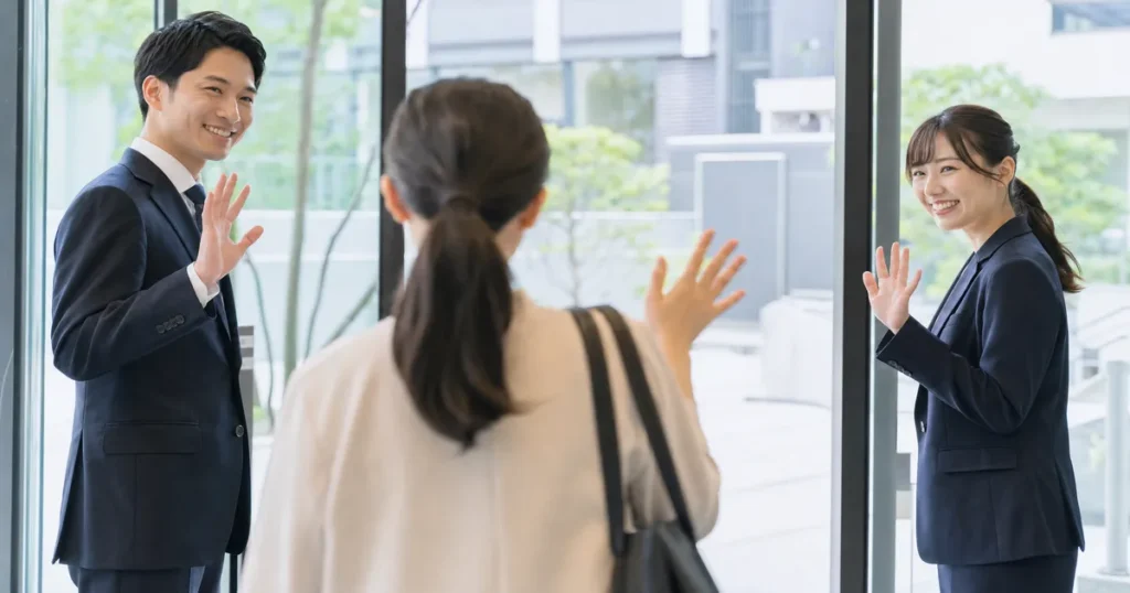 オフィスの外を見つめながら新しいキャリアや就職先を考える女性