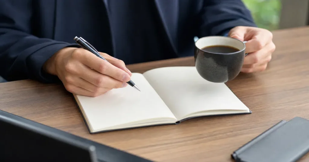 ノートにキャリアの目標を書き込むビジネスパーソンの手元