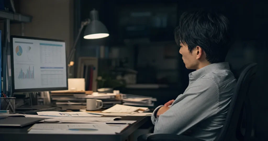 夜の部屋で将来やキャリアについて一人で悩み考え込む人物