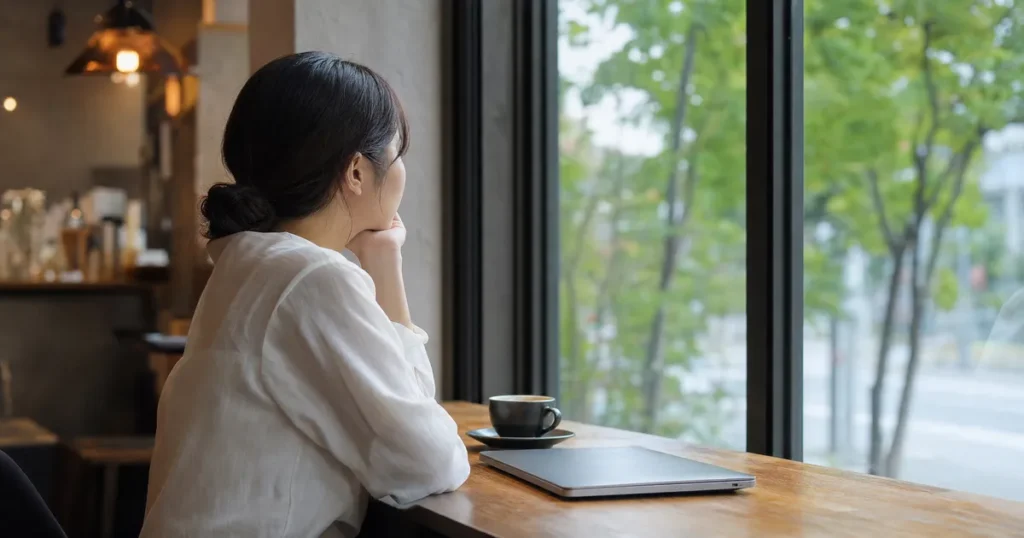 窓の外を眺めながら将来や働き方について考える人物