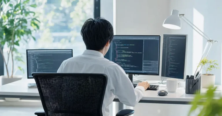 背中越しにコードを書くITエンジニアの作業風景