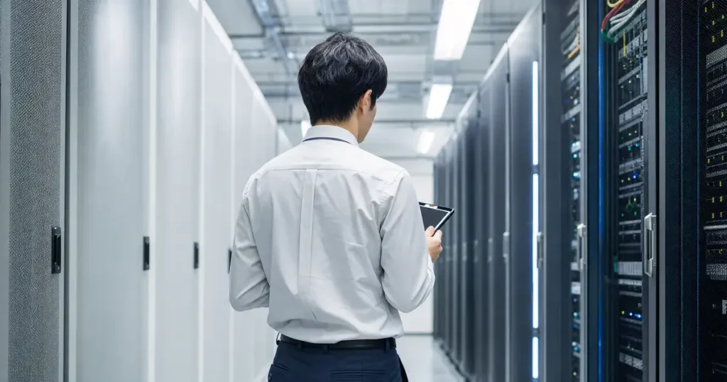 サーバールームでインフラ確認を行うエンジニア