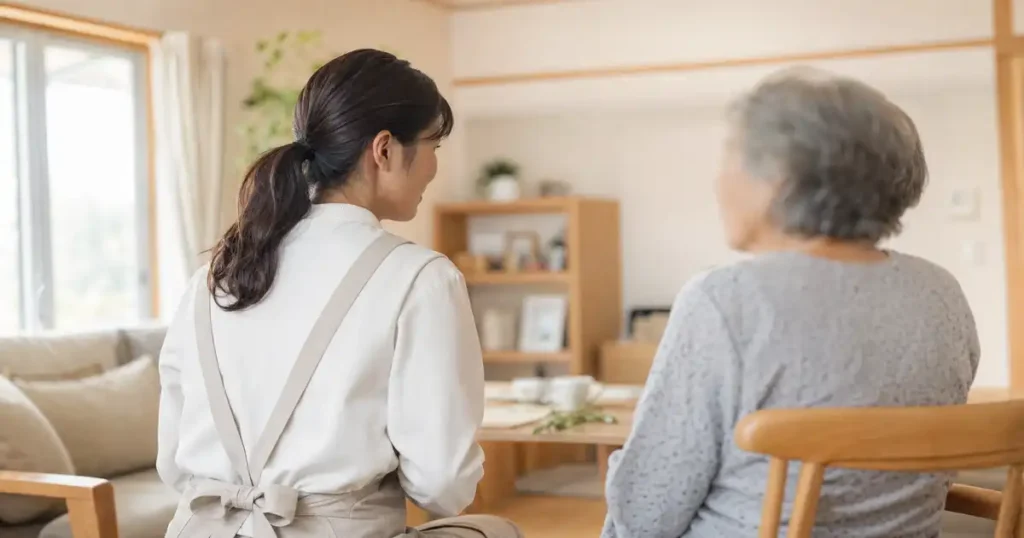 ホームヘルパーが利用者と室内で会話をしている様子