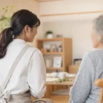 ホームヘルパーが利用者と室内で会話をしている様子