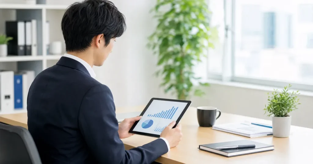 ハローワーク職員がタブレットを見ながら求職者対応をする様子