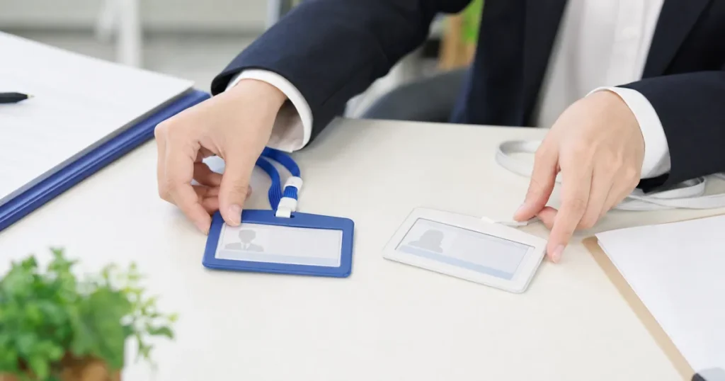 ハローワーク職員の名札を机に置く手元のイメージ