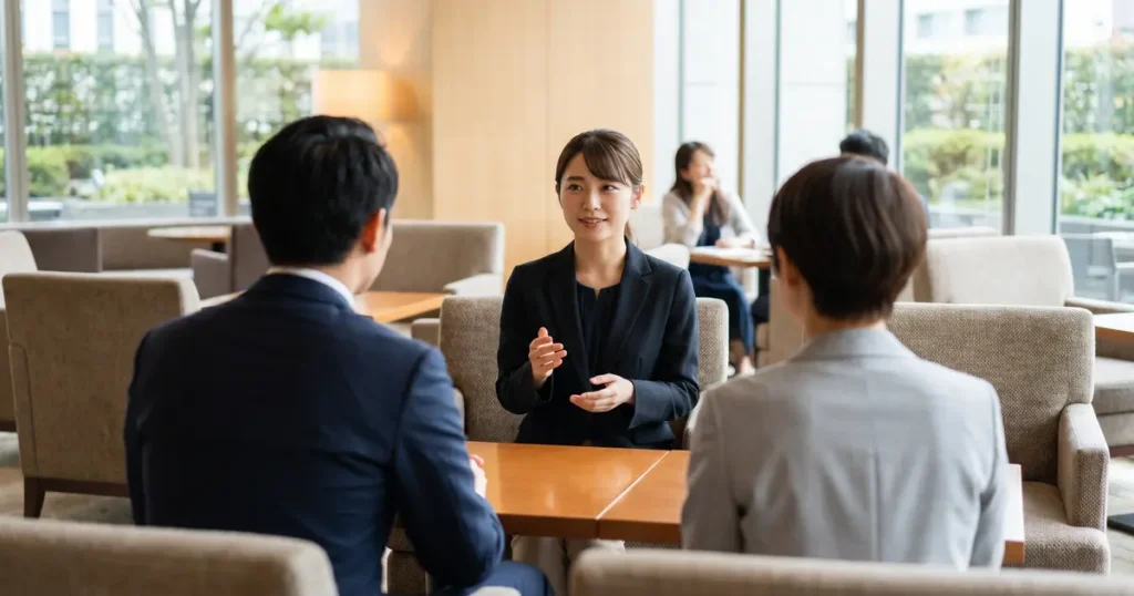 商談の場で外国人クライアントとの会話をサポートする通訳者