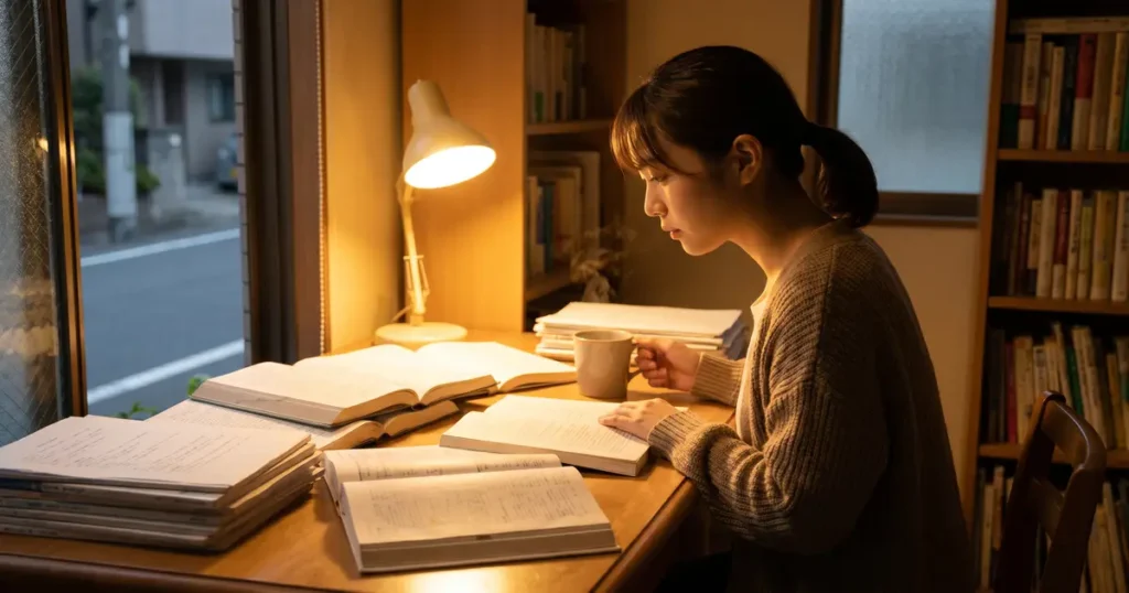 夜遅くまで専門資料を読み込み通訳準備を行う女性