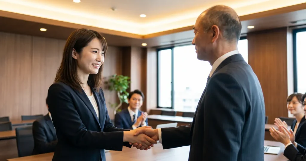 海外企業との商談で握手を交わすビジネスシーン