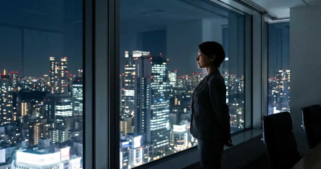 高層ビルの夜景を眺めながら海外案件に向き合う通訳者