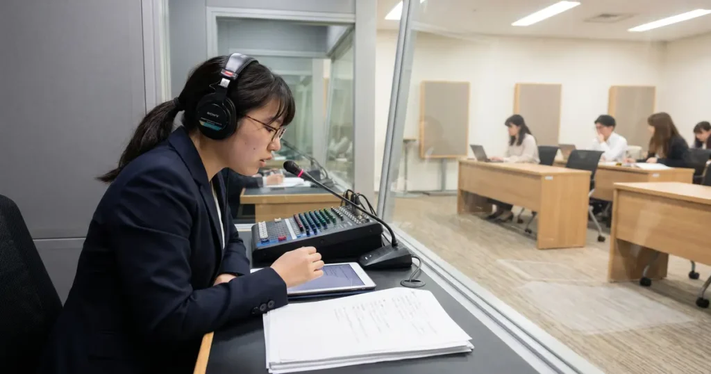 会議室でヘッドセットを使い同時通訳を行う女性通訳者
