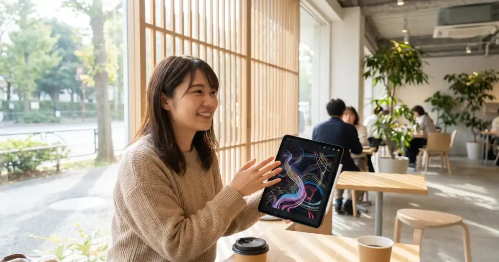 タブレットを使いオンライン通訳サービスを行う女性