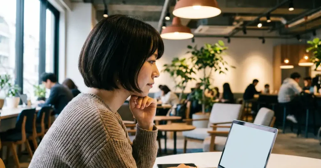 カフェ風オフィスでノートPCを使う女性社員