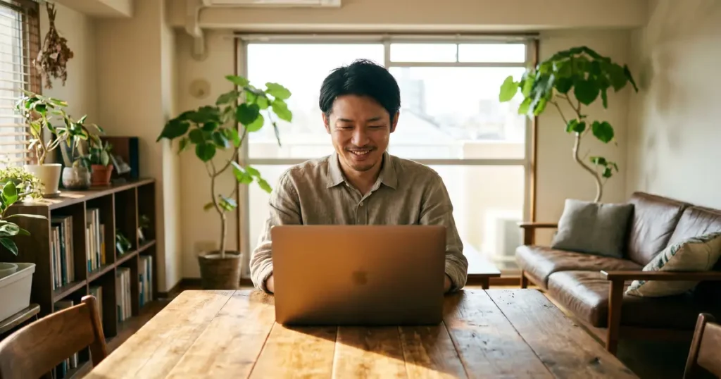 自宅でリモートワークをする男性