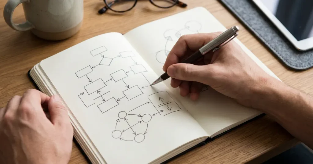 フローチャートを手書きで設計する様子