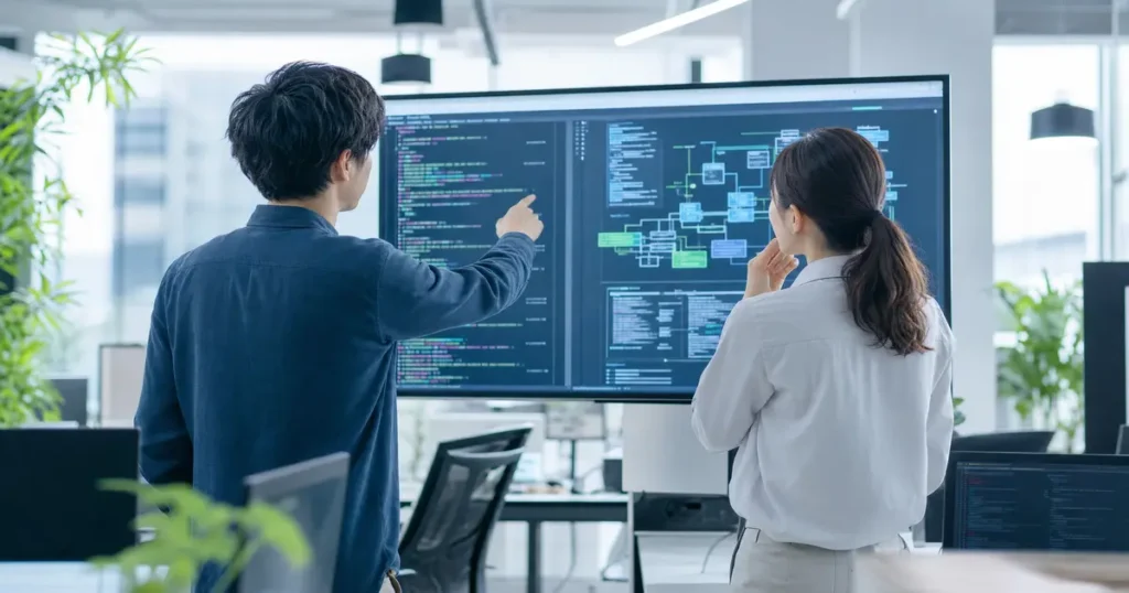 モニターに表示されたシステム画面を見ながら打ち合わせをするITエンジニアたち