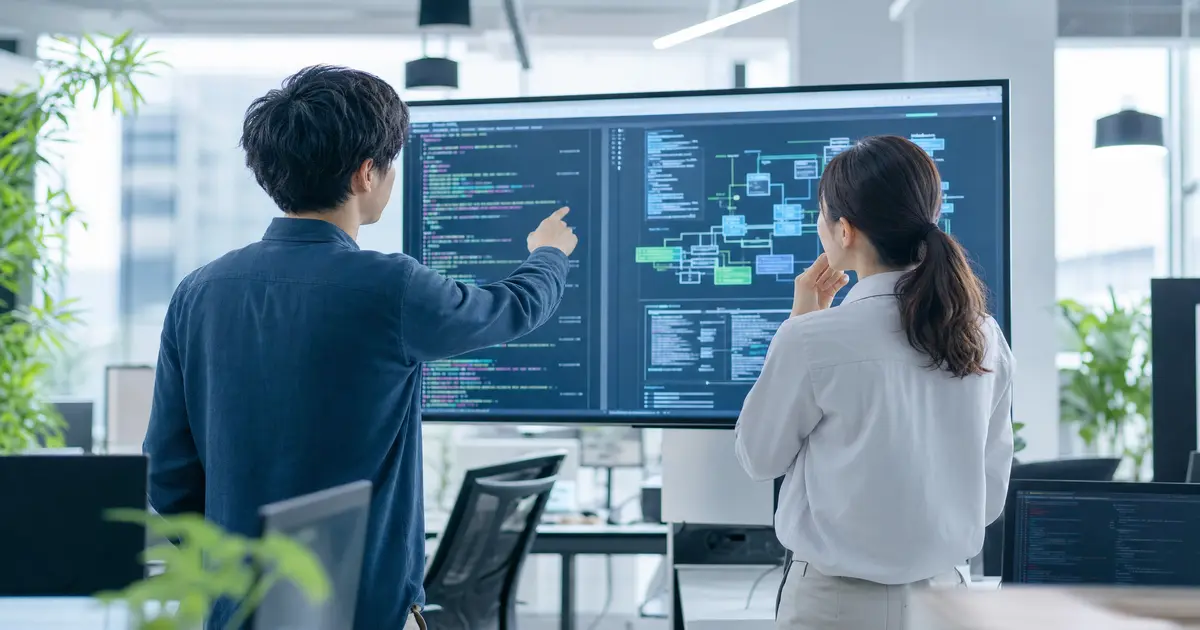 モニターに表示されたシステム画面を見ながら打ち合わせをするITエンジニアたち