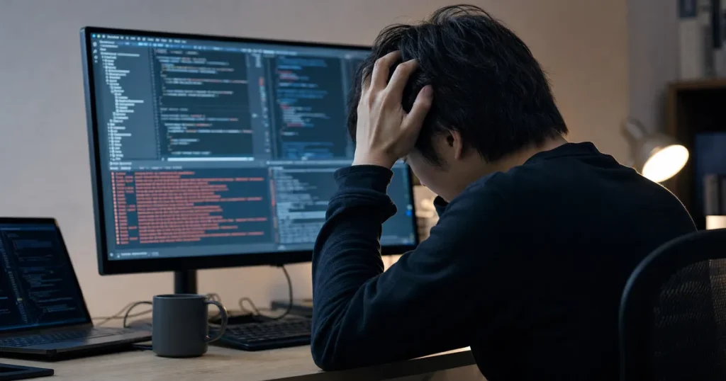 コードが表示された画面を前に悩むITエンジニア