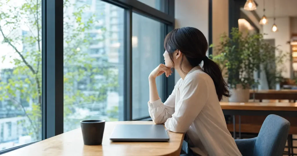 窓の外を見ながらキャリアについて考える人物