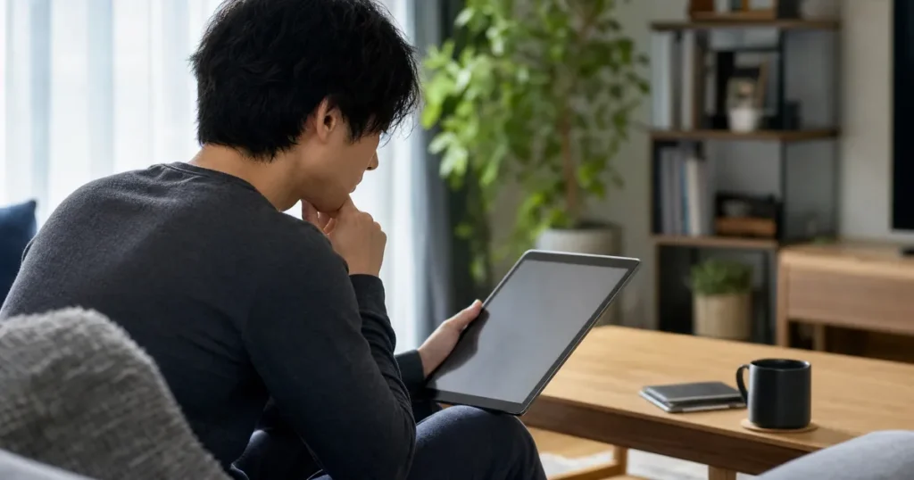 タブレットを見ながら情報収集をする人物