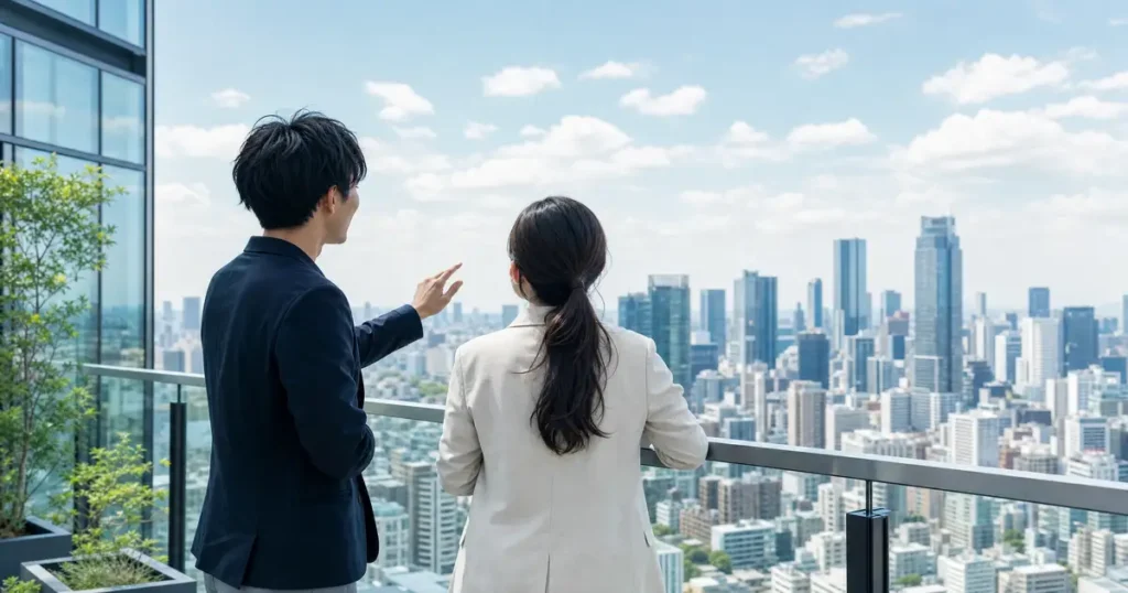 街並みを眺めながら将来について話し合う二人の人物