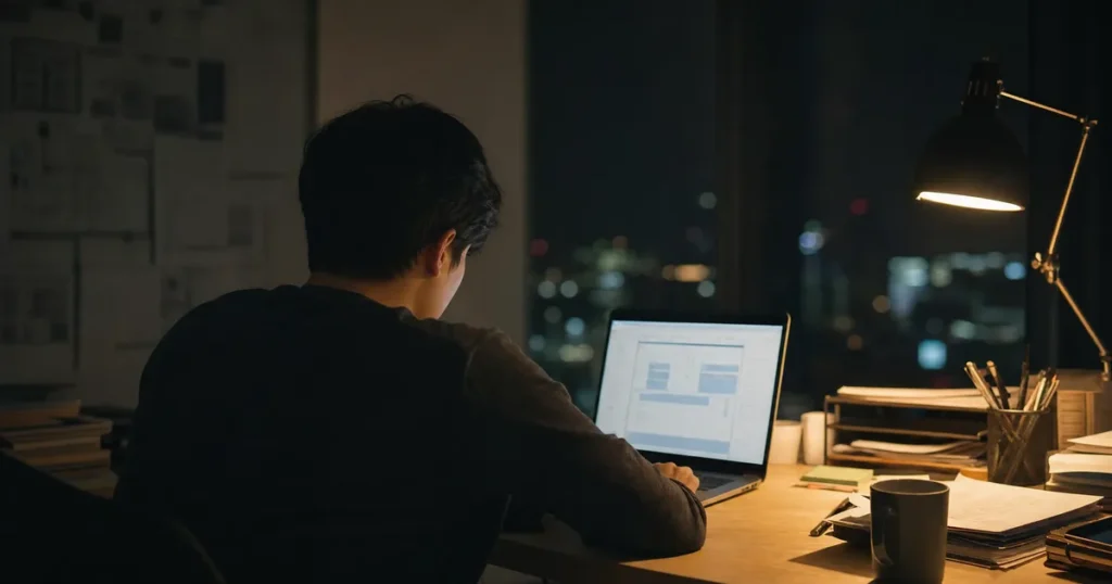 夜間にQAエンジニアがパソコンでテスト作業をしている様子