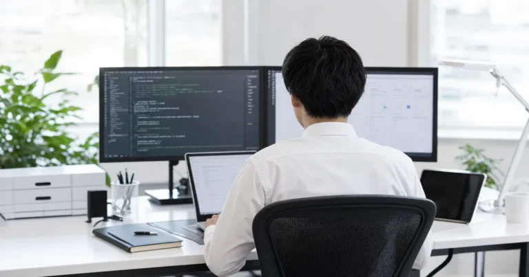 QAエンジニアがコードを確認しながらテスト作業を行う後ろ姿