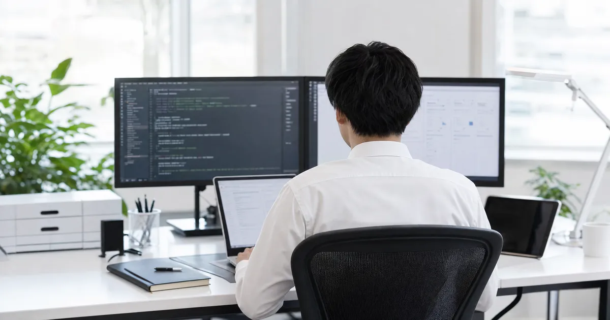 QAエンジニアがコードを確認しながらテスト作業を行う後ろ姿