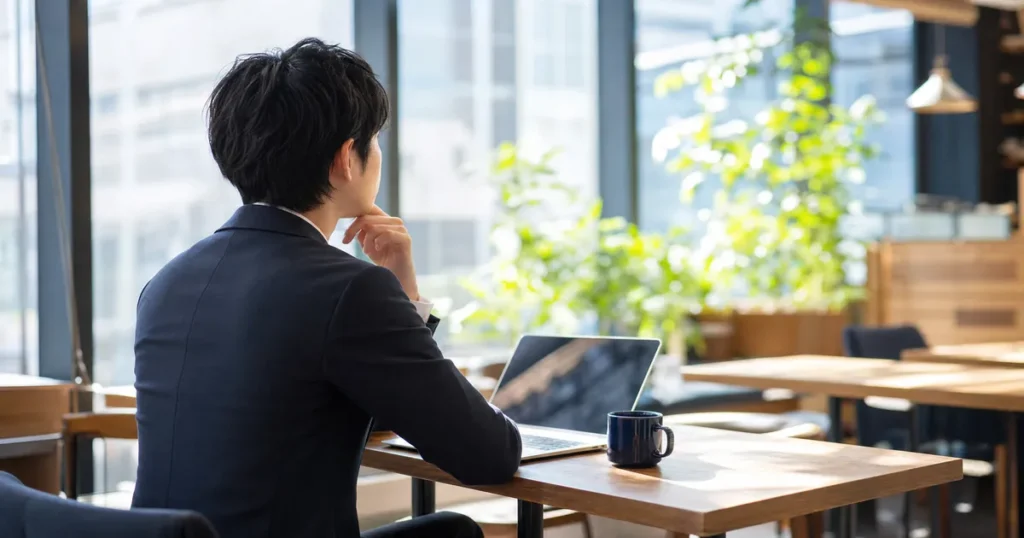 オフィスでQAエンジニアについて相談するビジネスパーソン
