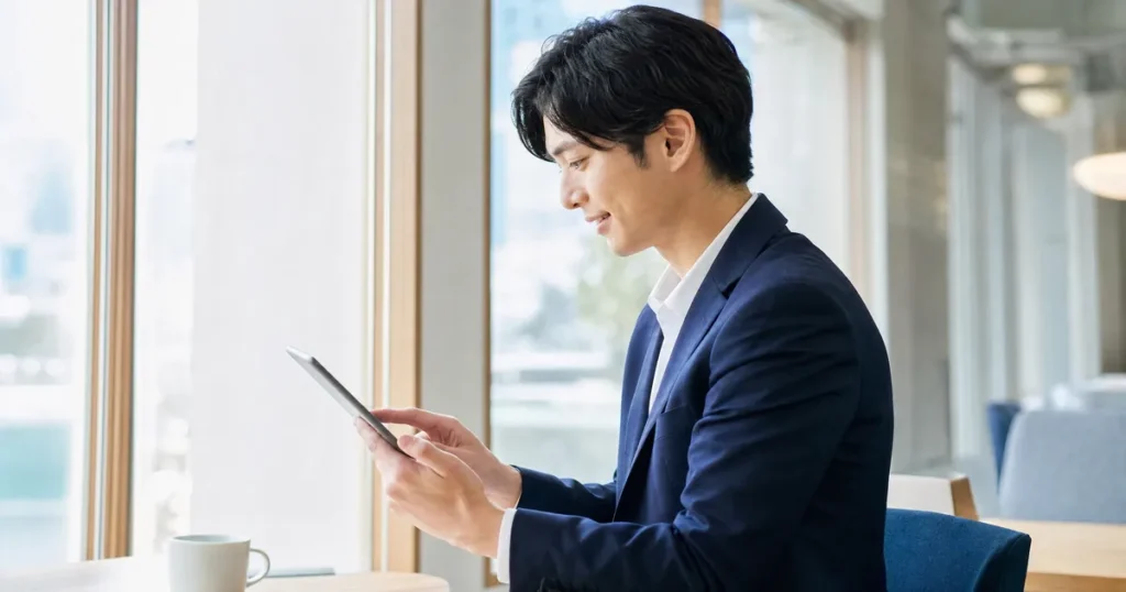 スマートフォンを見ながらキャリアについて考える男性会社員