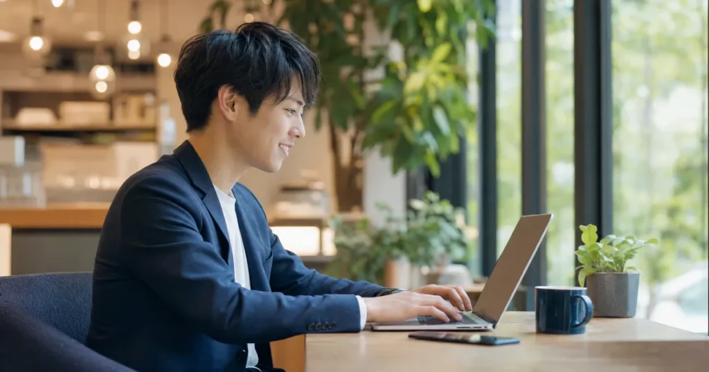 ノートPCで副業作業をするキャリアコンサルタントの男性
