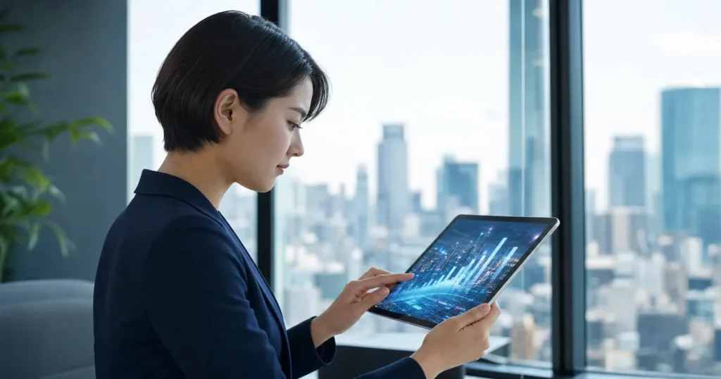 タブレットを使って在宅で情報収集をする女性