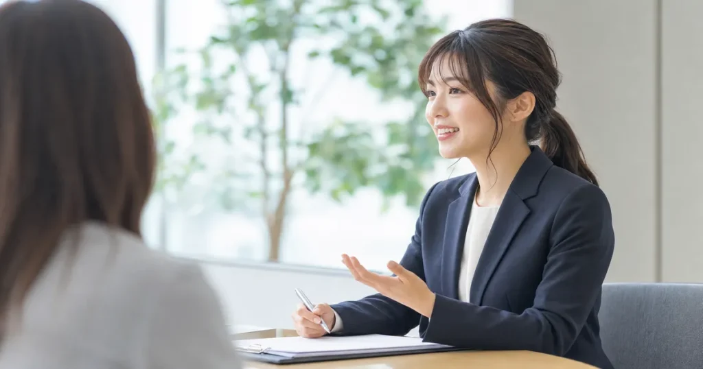 笑顔で求職者と面談する転職エージェントの女性