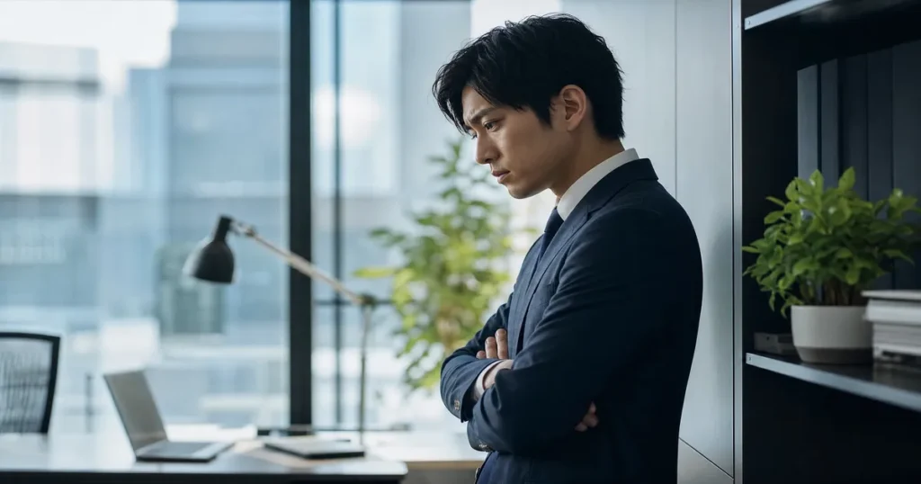 腕を組みながら仕事について考え込むビジネスパーソン