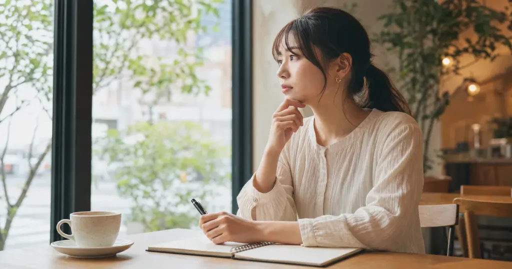 窓辺で考え事をしながら将来のキャリアを考える女性
