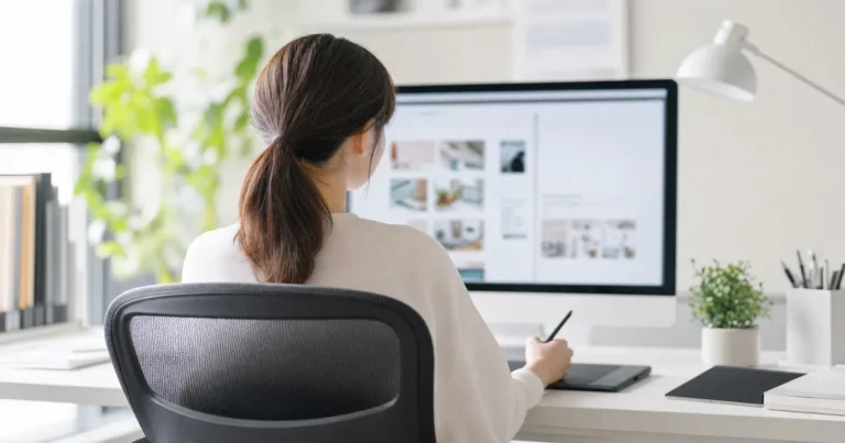 Webデザイナーがデザイン参考サイトを確認しながら作業している様子