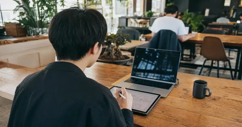 ノートPCでWebデザイン制作を行うWebデザイナーの後ろ姿