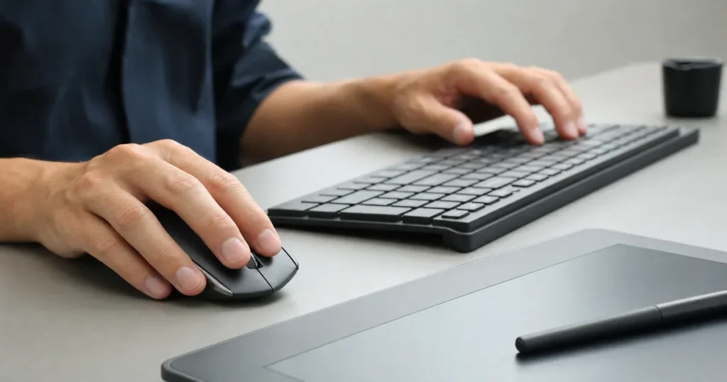 キーボードとマウスを操作しながらデザイン作業を進める手元
