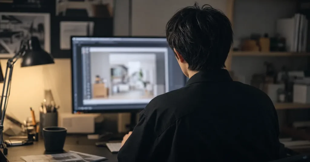 モニターでWebデザインを確認しながら制作するWebデザイナー