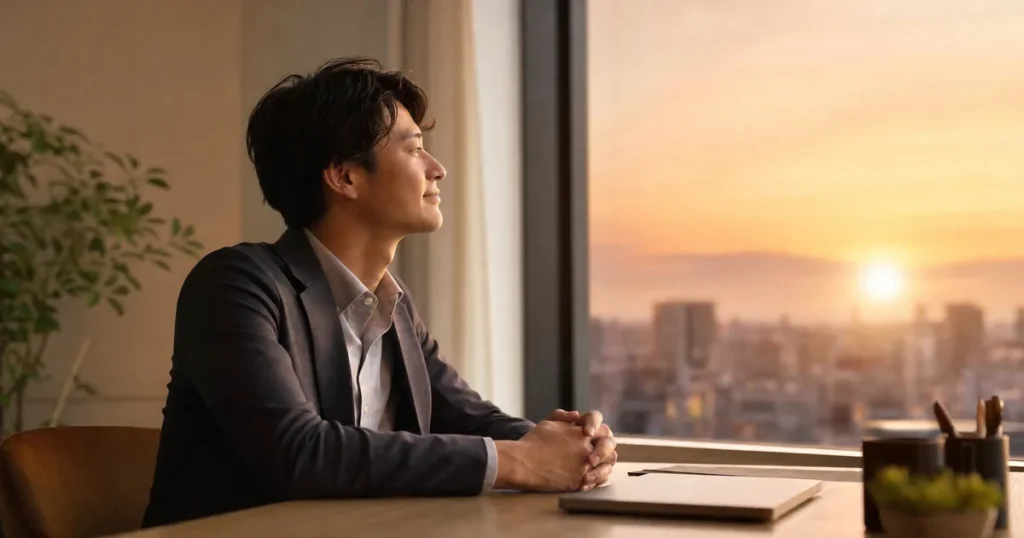 Webマーケターの働き方をイメージしたオフィスからの朝焼け風景